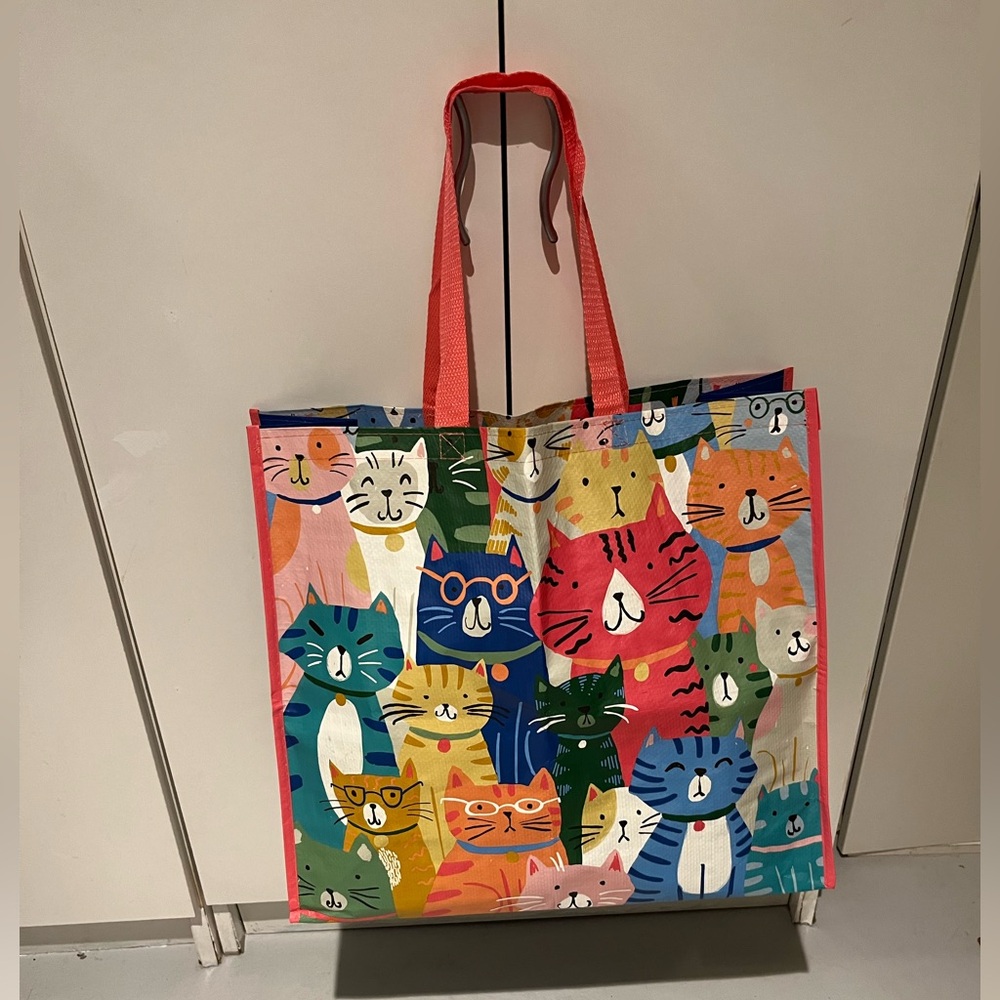 Colorful Large Kitty CATS Pattern Reusable Tote Bag - Pink Handles Cat lovers!! - Picture 7 of 7